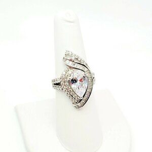 Palm Beach Jewelers 925 Sterling Silver & CZ's Large Cocktail Ring Sz 7 Pear